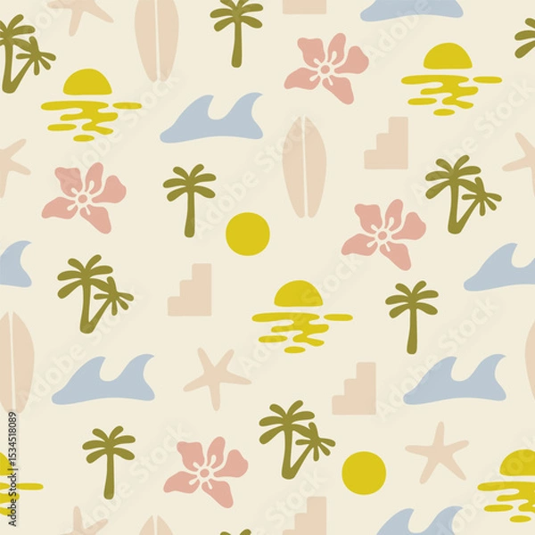 Fototapeta Summer groovy boho minimal organic shapes seamless pattern. Cute pastel colored surfing background
