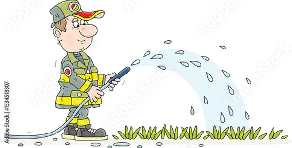 Obraz Funny worker in an uniform with a water hose and a sprinkler watering green grass on a lawn in a summer park, vector cartoon illustration on a white background