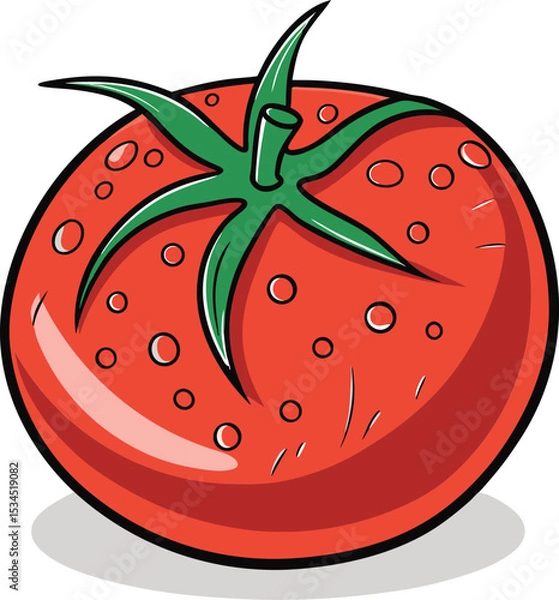 Fototapeta Realistic vibrant red tomato with water droplets and green stem vector illustration.