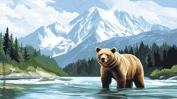 Obraz Grizzly bear standing in a river, majestic mountains in the background.
