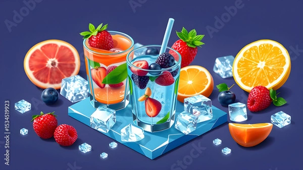 Fototapeta Refreshing summer beverages featuring berries citrus fruits and ice cubes on a blue surface