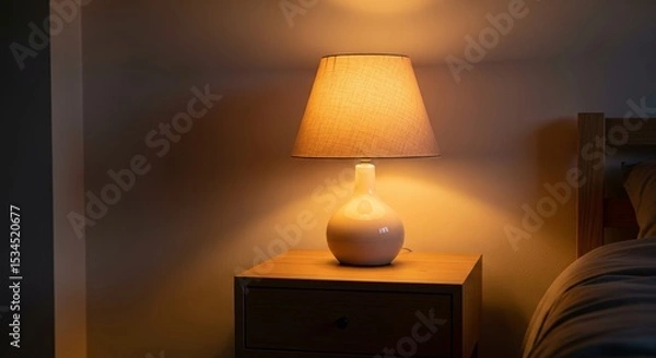 Fototapeta Warm Glow Nightstand Lamp - A cozy, warm-lit nightstand lamp creates a peaceful ambiance. Symbolizing comfort, relaxation, tranquility, serenity, and rest