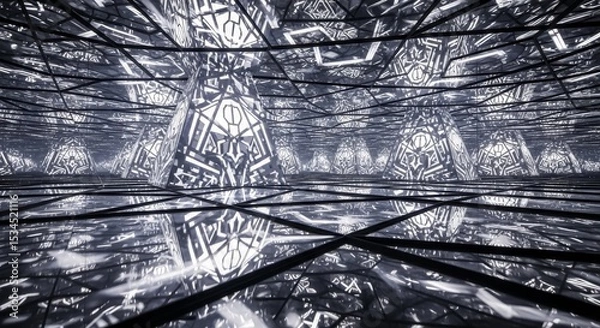 Fototapeta Abstract Geometric Pyramid Structure - Glowing pyramids with intricate designs in a reflective, mirrored environment. Modern, symmetrical, and futuristic