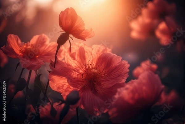 Fototapeta Glowing poppy flowers with delicate petals bathed in the warm golden light of sunset creates a stunning and serene scene that evokes feelings of peace and tranquility .