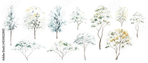 Fototapeta Vector illustration of set architectural trees for landscape design in a watercolor style, white background