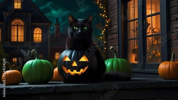 Fototapeta An elegant black cat with glowing green eyes, perched atop a smoky windowsill overlooking a festive Halloween street below, pumpkins glowing and children trick-or-treating.