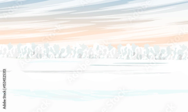 Obraz Winter meadow with forest on the horizon. Snow-covered field. Realistic vector winter landscape