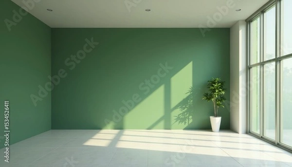 Obraz Green wall empty room with plant and sunlight