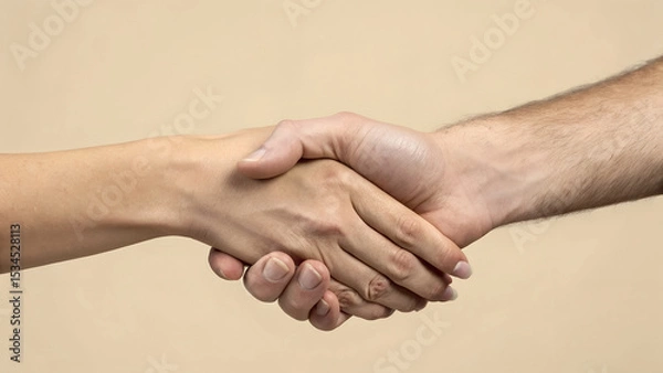 Fototapeta Two people shaking hands in agreement on a neutral background