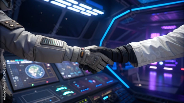Obraz Astronauts shake hands in a spaceship cockpit surrounded by control panels