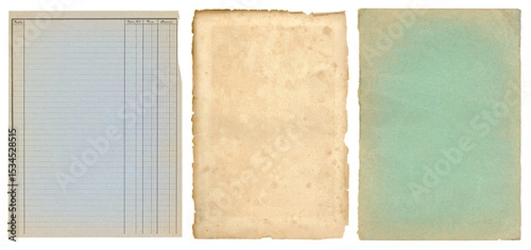 Fototapeta three vintage and antique paper textures, stained with ripped / torn edges and old French ledger paper isolated on white a background, blank textured sheets as backgrounds or collage design elements