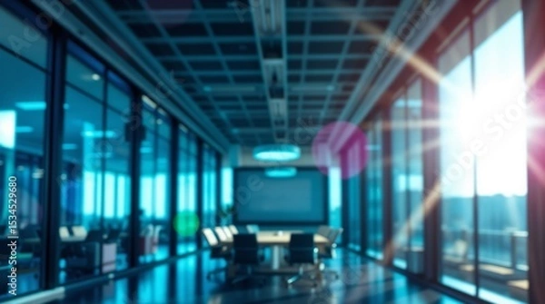 Fototapeta blurred background of a modern office interior with panoramic windows and beautiful lighting, Blurred office meeting room