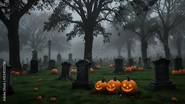 Fototapeta An old Victorian cemetery draped in fog, ravens perched on headstones, ghostly lights drifting among the tombs, and pumpkins placed lovingly on each grave.