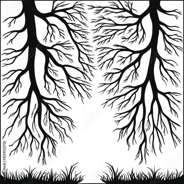 Fototapeta Black Silhouette Tree with Roots and Leaves – Symbolic Nature and Growth Vector Art