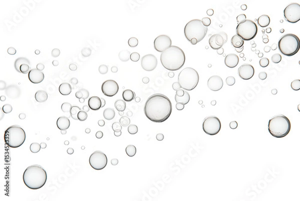 Obraz Transparent bubbles, foam fly on white background. Soap, shampoo, powder, gel for shave, foam mousse with bubbles. Pattern for hygiene, clean wash