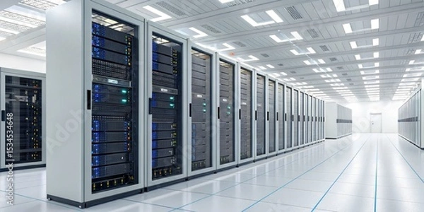 Fototapeta Data Center Rows of Servers in a Modern Facility, data, network