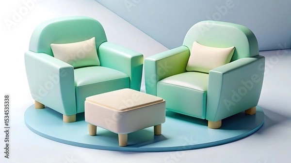 Fototapeta Two modern mint green armchairs with matching ottoman on a blue circular platform in a minimalist setting