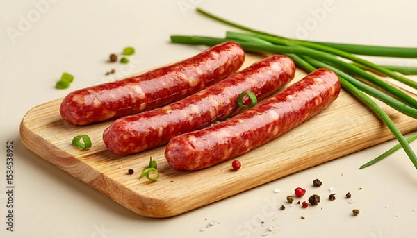 Fototapeta Board with tasty thin sausages and green onion on beige background