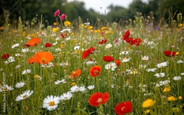 Fototapeta A clean and high resolution image showing wildflowers and biodiversity in untouched meadows with eco friendly context.