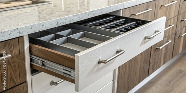 Fototapeta Open Kitchen Drawer Custom Wood Dividers and White Front with Granite Countertop, Kitchen, Design