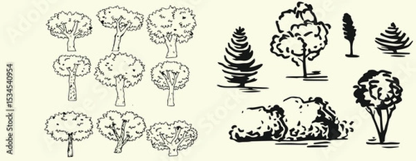 Obraz Hand-drawn tree illustration vector set featuring a variety of tree doodles in a minimal and organic line-art style.