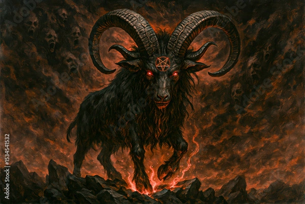 Obraz Demonic Black Goat with Glowing Eyes and Pentagram in Hellish Landscape