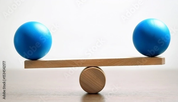 Fototapeta two blue balls or spheres balancing in wooden rings over white background abstract balance or stability concept with copy space