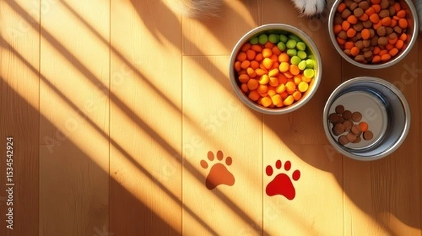 Obraz A distinct illustration of pet food and water bowls neatly arranged on the floor, with a paw print icon nearby