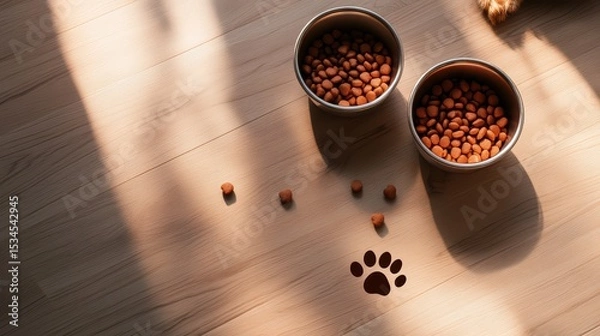 Obraz A distinct illustration of pet food and water bowls neatly arranged on the floor, with a paw print icon nearby