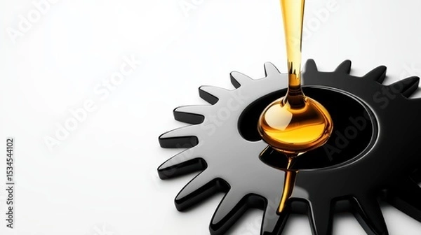 Obraz A high-contrast black-and-white gear with a single glossy golden oil drop dripping from its apex onto a pristine white surface