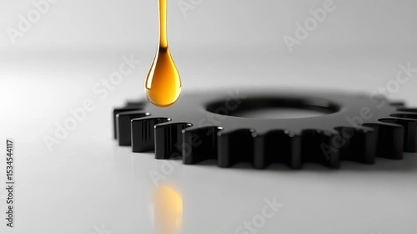 Obraz A high-contrast black-and-white gear with a single glossy golden oil drop dripping from its apex onto a pristine white surface