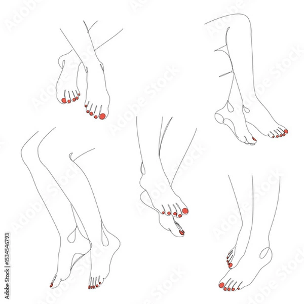 Fototapeta Collection. Silhouettes of human legs, feet in a modern one line style. Continuous line drawing, outline for decoration, posters, wall art, stickers, logo. Vector illustration set