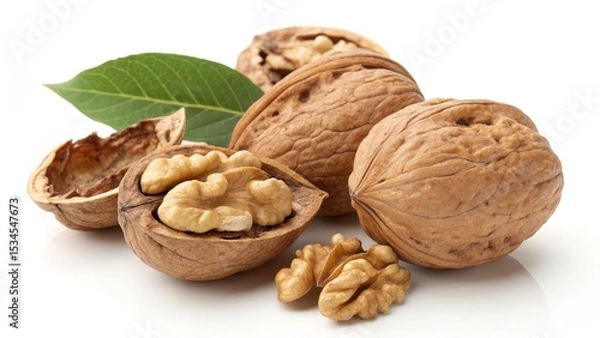Obraz Walnuts Still Life with Shells and Leaf on White, Healthy Food , Nuts