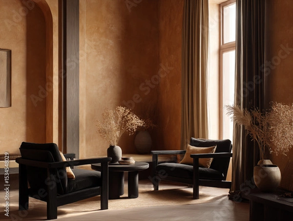 Fototapeta Japandi room with terra-cotta walls, matte black furnishings, minimal fabric drapes, dried flower decor