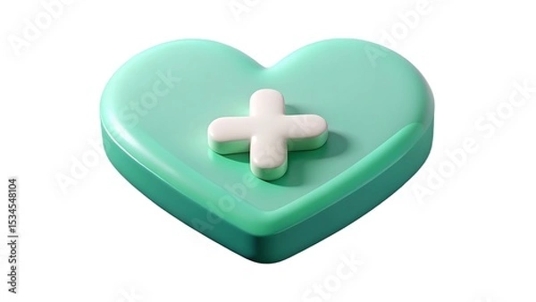 Fototapeta A 3d rendered heart with a plus sign suggesting health care and medical assistance in a minimalist design