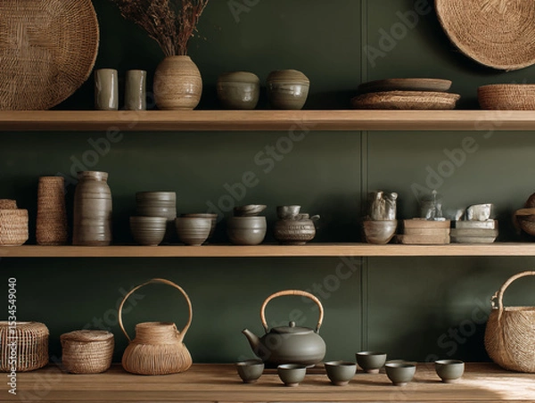 Fototapeta Japandi palette of forest green and mushroom gray, floating wood shelving, clay tea set, woven accents