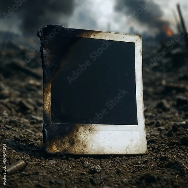 Fototapeta Burned instant polaroid photo on battlefield ground.  Damaged instant photo lies among debris and bullet casings. This scorched photograph symbolizes loss and memory in war.