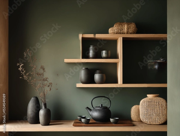 Fototapeta Japandi palette of forest green and mushroom gray, floating wood shelving, clay tea set, woven accents
