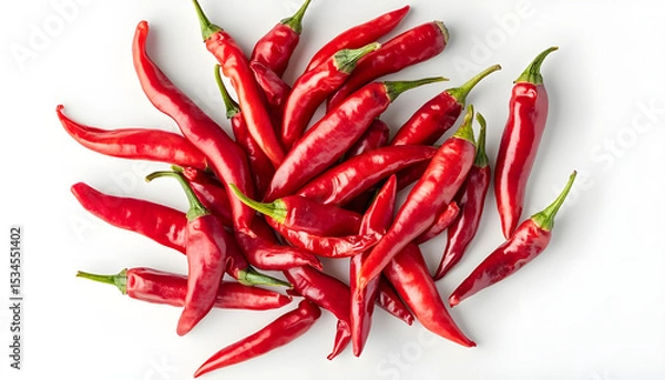 Obraz Red cut chili peppers on white background. Top view