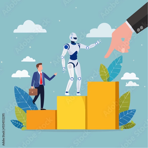 Obraz AI Artificial Intelligence help support business success, technology or innovation for new opportunity, invention for business growth concept, business people walking up on robot hand pointing u