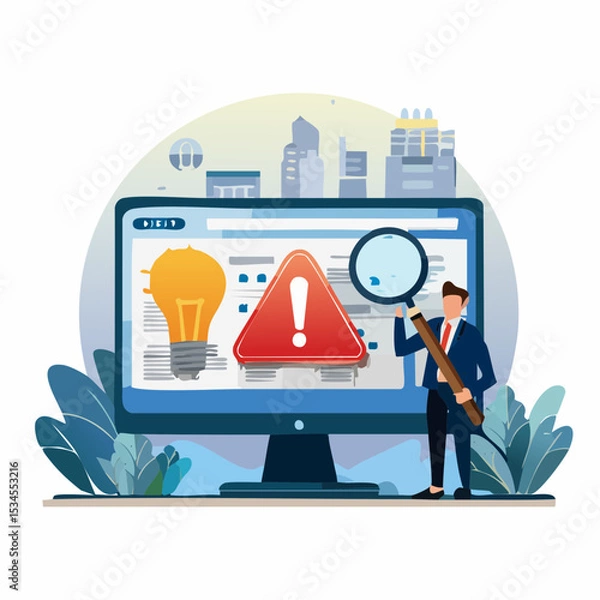 Fototapeta Incident management, root cause analysis or solving problem, identify risk or critical failure concept, businessman with magnifier monitor and investigate incident with exclamation attention sig