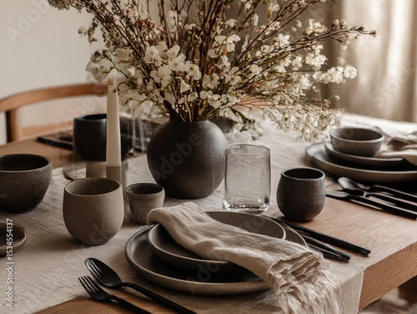 Fototapeta Japandi dining setup with low-profile table, stone dinnerware, rough linen napkins, natural centerpiece