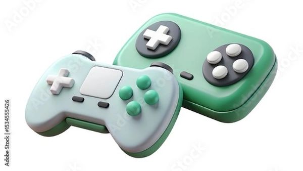 Fototapeta Modern 3d render of two playful green and blue video game controllers isolated on white background