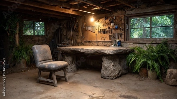 Obraz A basement workspace lit with Edison bulbs, concrete floor, tool bench converted into a desk, pegboard with neatly arranged tools, and a rugged, DIY vibe