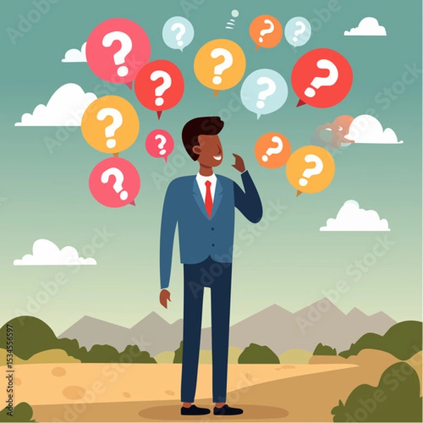Fototapeta Too many thinking ideas, overwhelmed issues or busy problem to be solved, contemplation solutions for troble, concerned or anxiety concept, businessman thinking with many thinking bubble