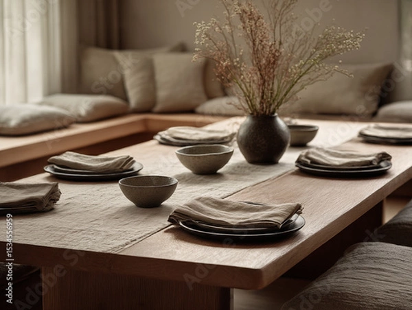 Fototapeta Japandi dining setup with low-profile table, stone dinnerware, rough linen napkins, natural centerpiece