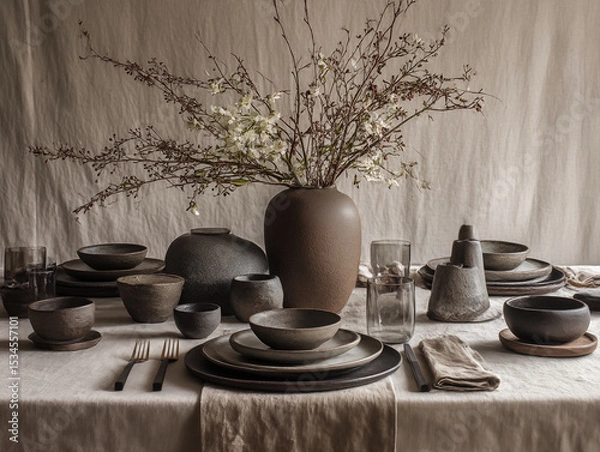 Fototapeta Japandi dining setup with low-profile table, stone dinnerware, rough linen napkins, natural centerpiece
