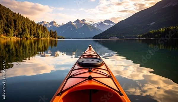 Obraz Serene red kayak adventure, tranquil water exploration and scenic nature photography