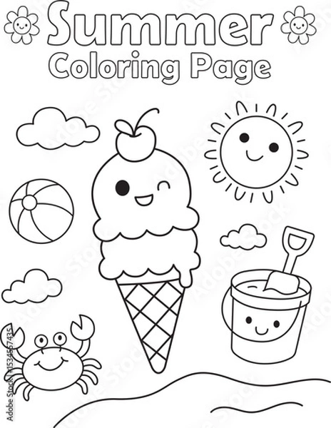 Fototapeta Summer coloring page with ice cream, smiling sun, beach ball, crab, and cute bucket. Fun worksheet for kids and seasonal classroom themes.
