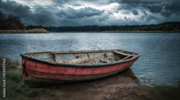 Obraz An abandoned rowboat on a beautiful lake. Landscape. Clouds and a shoreline in the background. 